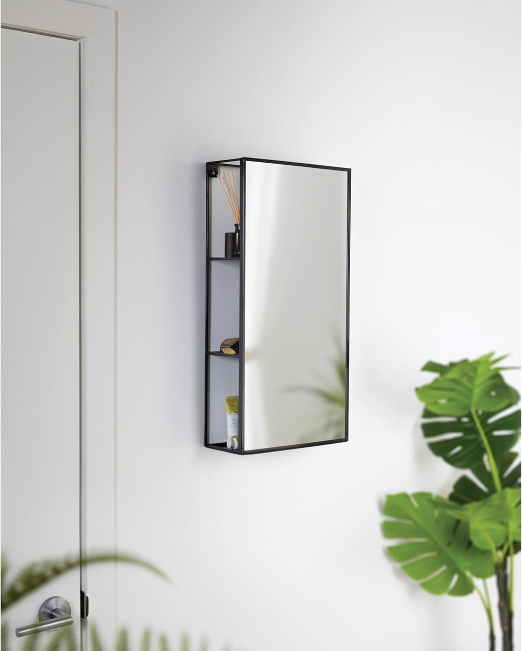 Black Metal Bathroom Mirror Storage Cabinet with 3 Shelves P255661