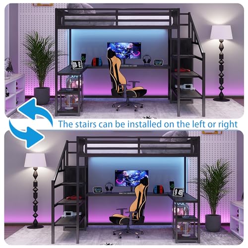 Queen Size Metal Loft Bed with L-Shaped Desk and Stairs, Black A878