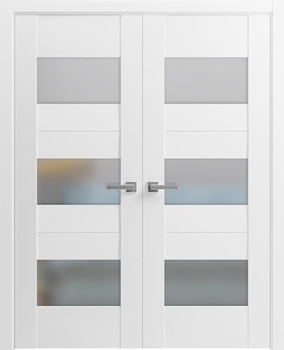 Solid French Double Doors 36 x 80 inches Opaque Glass White Silk Wood Solid Panel Frame X855