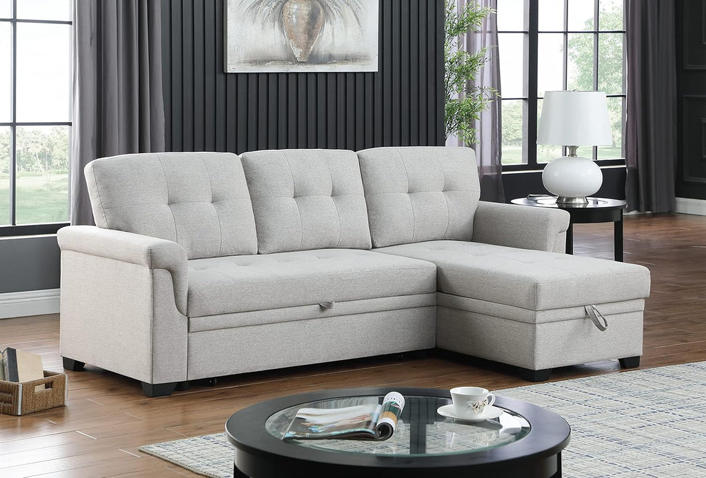 L-Shaped Linen Tufted Reversible Sleeper Sectional Sofa with Pull Out Sleep Couch Bed, Light Gray X8069
