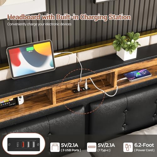 California King Floating Bed Frame with LED Lights, Headboard and Charging Station, Faux Leather Black V3651