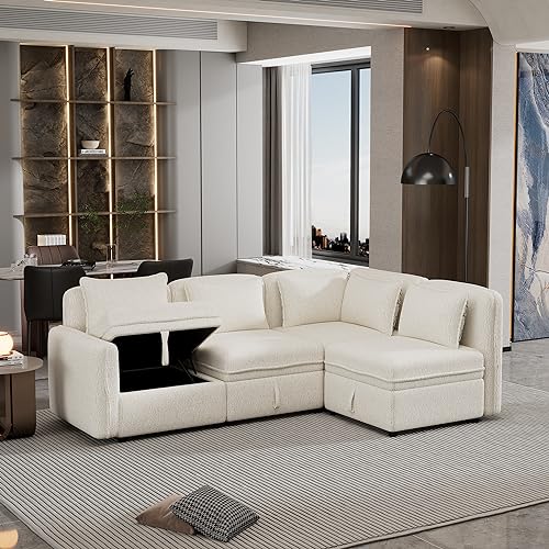 Cream Chenille Fabric Modular Sectional Sofa with Storage and 5 Pillows U2514