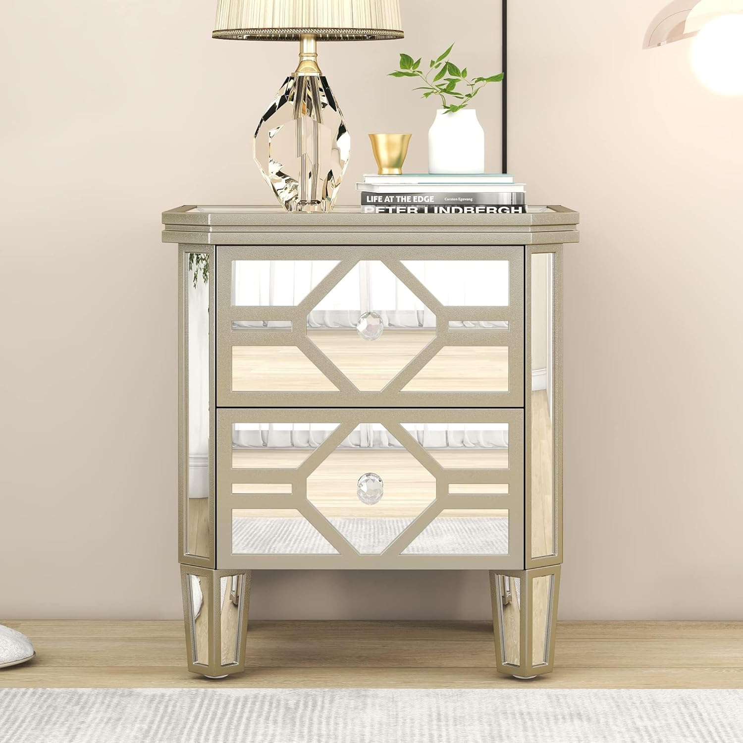 Mirrored 2-Drawer Nightstand End Table with Golden Lines, Silver P168