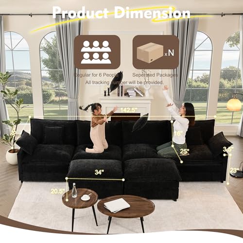 Black Chenille U Shaped Modular Sectional Sofa with Ottoman U916