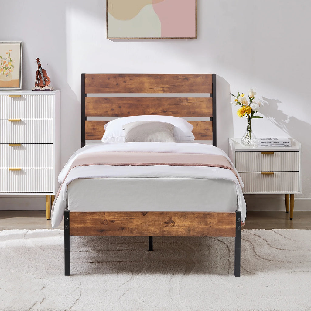 Brown Twin Bed Frame with Wooden Headboard and Metal Slats W915852