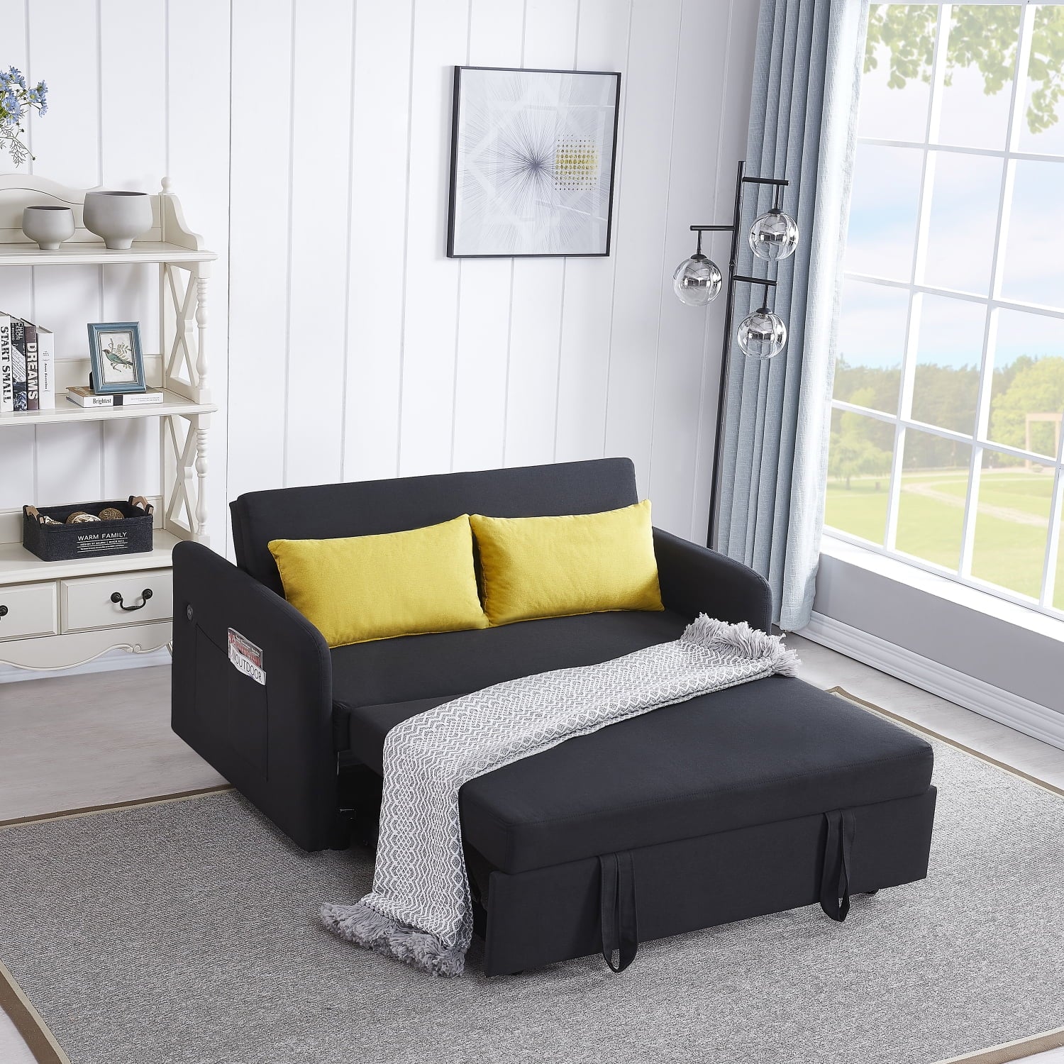 Black Velvet Convertible Loveseat Sleeper Sofa Bed with USB T3429