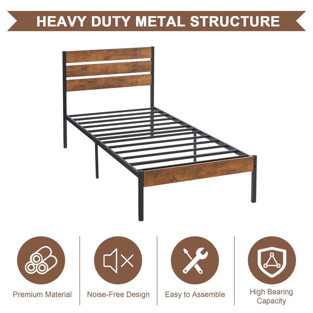 Brown Twin Bed Frame with Wooden Headboard and Metal Slats W915852
