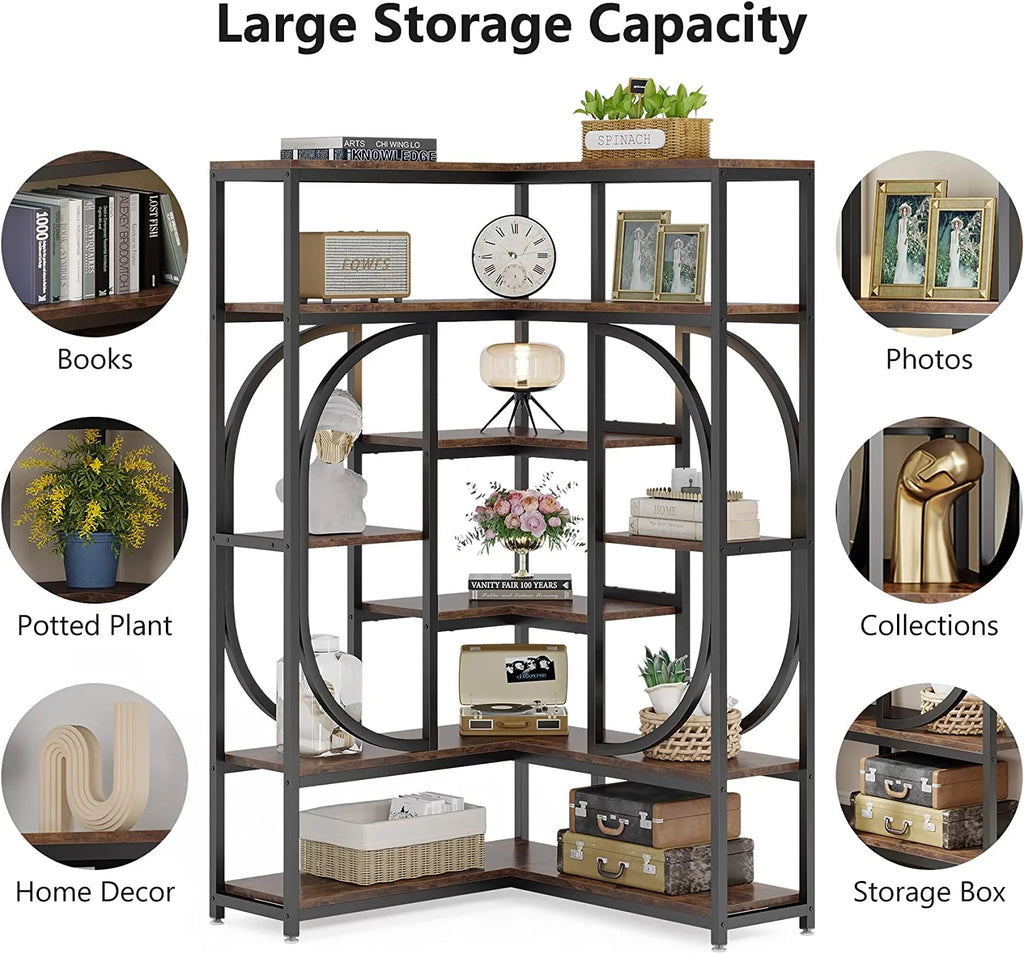 Rustic Brown & Black 7 Shelf Corner Bookshelf E2670