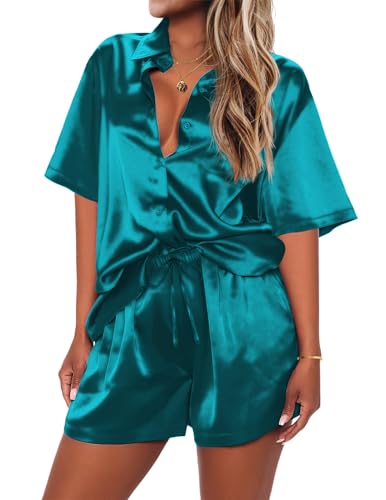 Silk Soft Satin Button Down Pajamas Short Sleeve Top and Shorts 2 Piece Set F6535