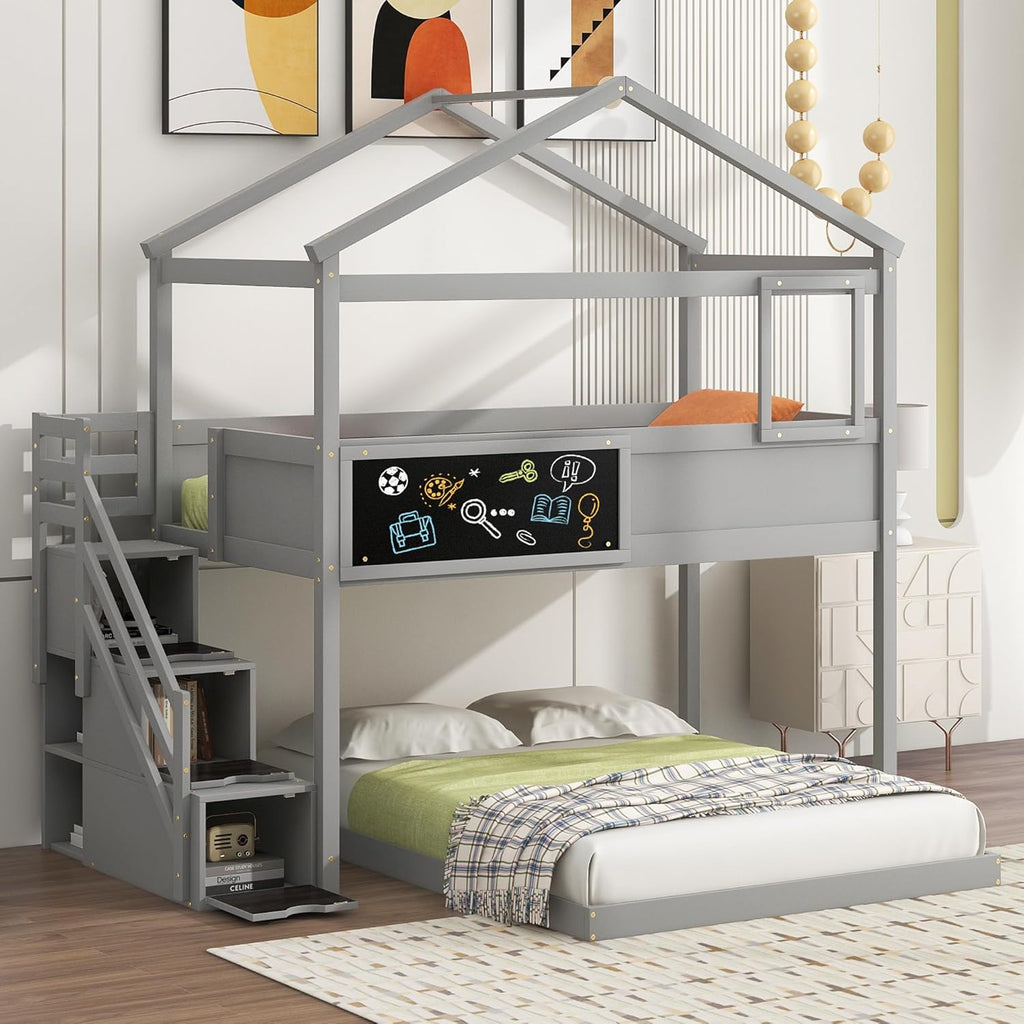 Gray Wood L-Shaped Twin Over Full Bunk Bed with Storage Stairs and Blackboard N15809