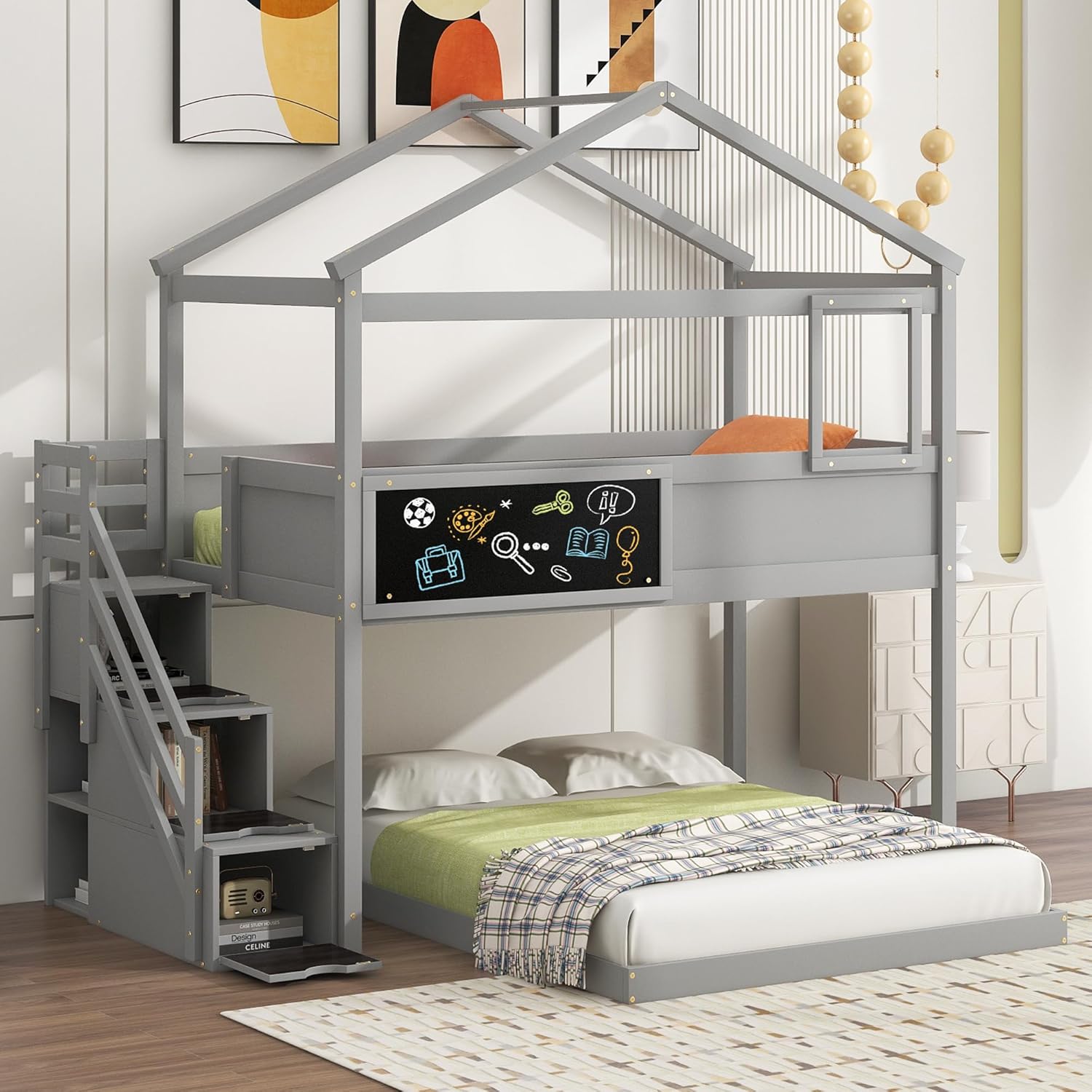 Gray Wood L-Shaped Twin Over Full Bunk Bed with Storage Stairs and Blackboard N15809