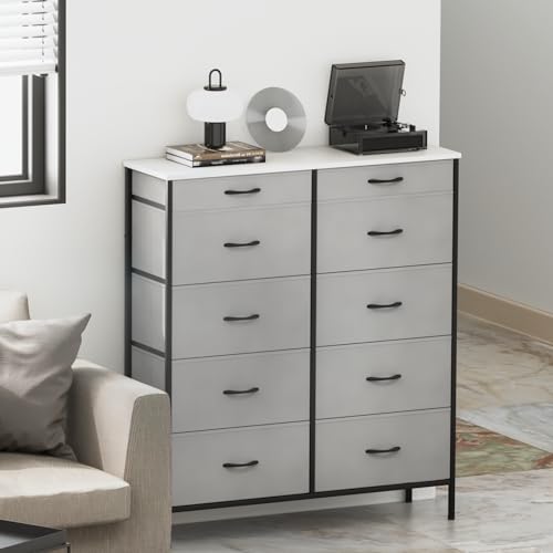 10 Drawer Fabric Dresser with Metal Frame and Wooden Top M24523