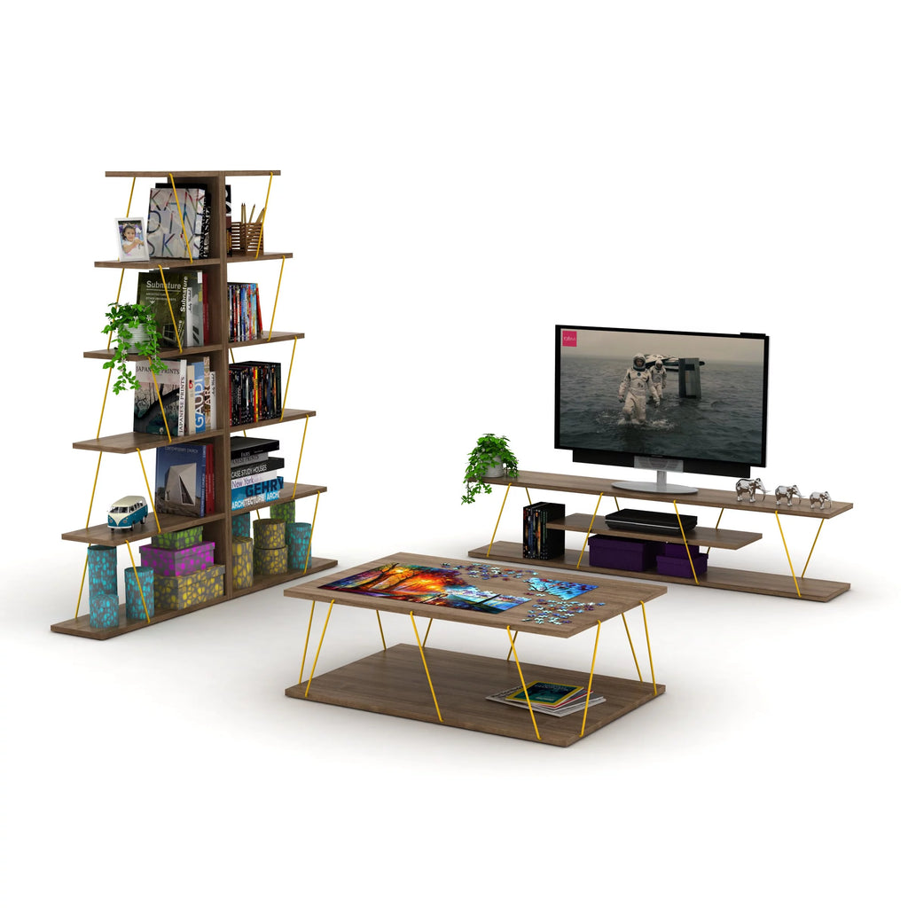 Walnut Yellow 56 inch Low Tv Stand with 4 Shelves H59708