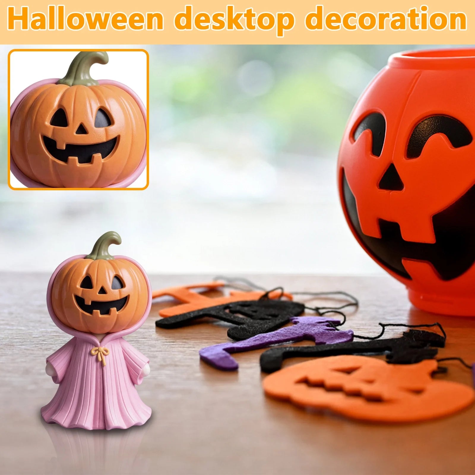 Pink Resin Ghost & Pumpkin Figurine Set Q579725