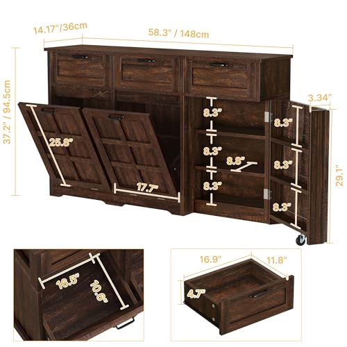 Brown Oak Double Trash Can Cabinet with Drawers F9342