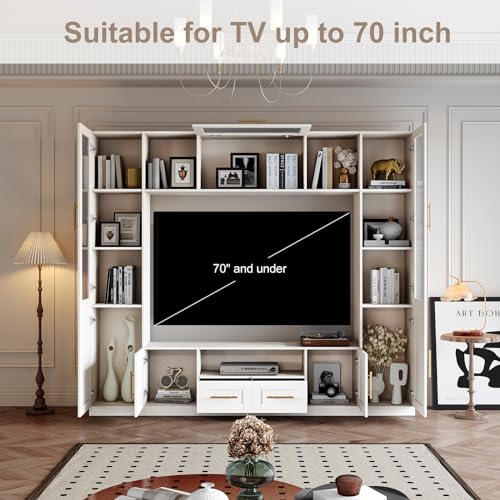 White 4-Piece Large TV Stand Wall Unit with Bookshelves Q834
