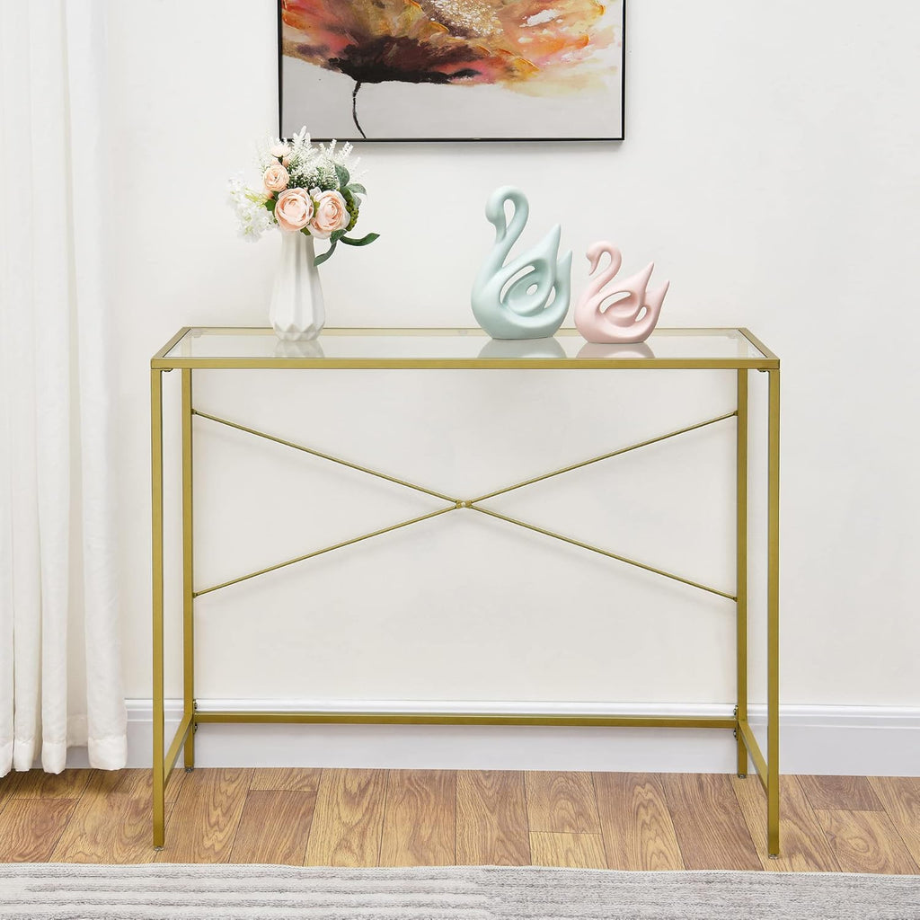 Gold 39.37" Tempered Glass Top Narrow Console Table with Metal Frame Y375194