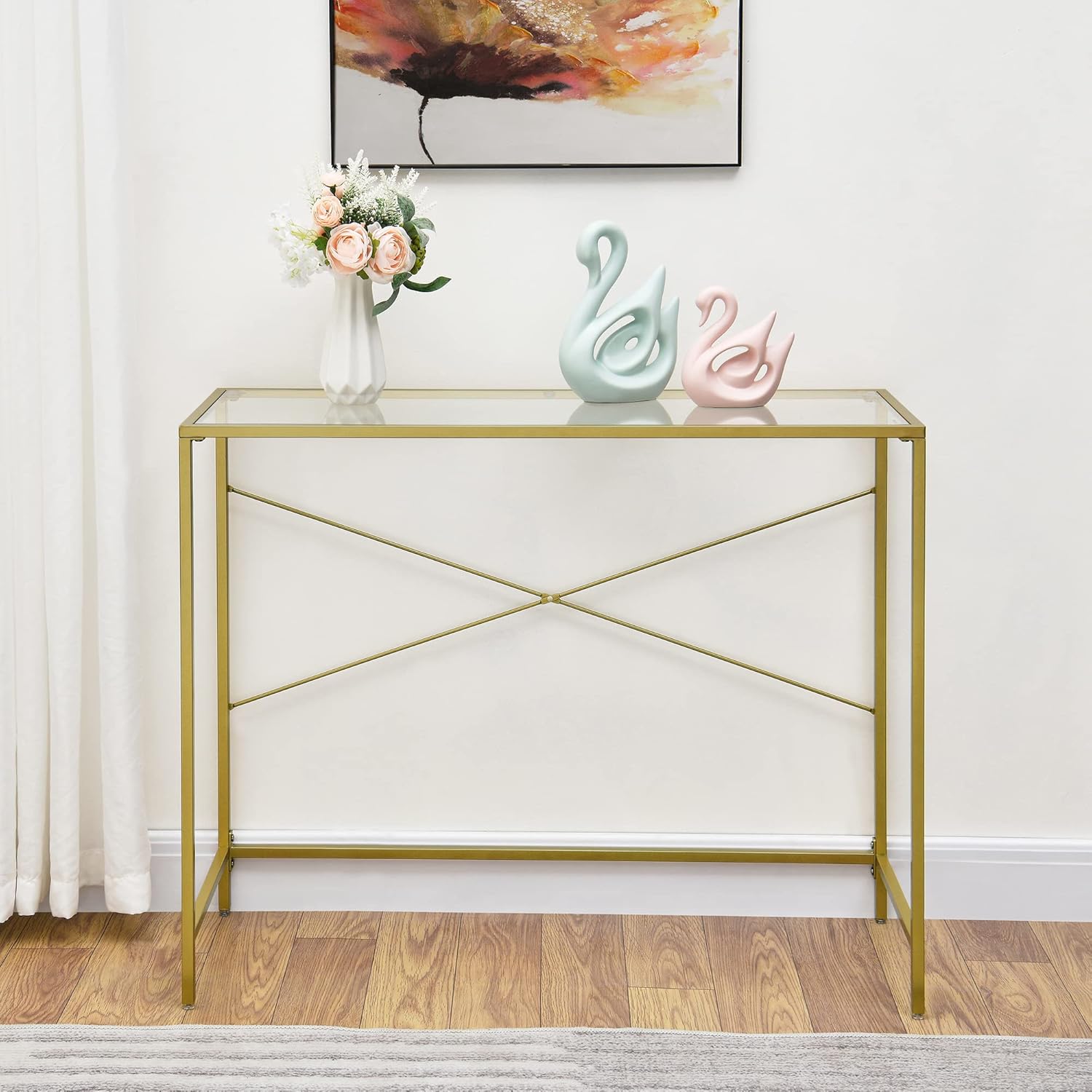 Gold 39.37" Tempered Glass Top Narrow Console Table with Metal Frame Y375194
