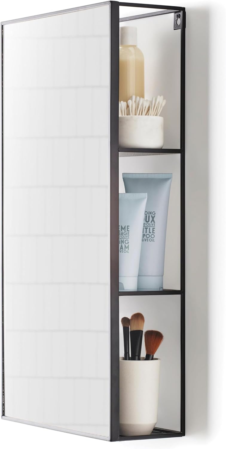 Black Metal Bathroom Mirror Storage Cabinet with 3 Shelves P255661