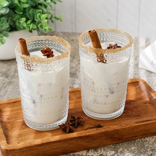 Hobnail Beaded Floral Rose Gold Drinking Glasses Set of 6, 13 oz Glassware Set U2687