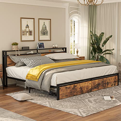 King Bed Frame with Storage Headboard, Platform Bed with Drawers and Charging Station, Vintage Brown Y3483
