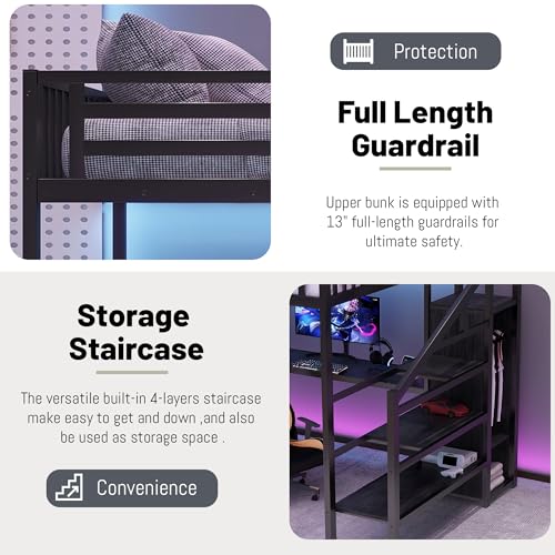 Queen Size Metal Loft Bed with L-Shaped Desk and Stairs, Black A878
