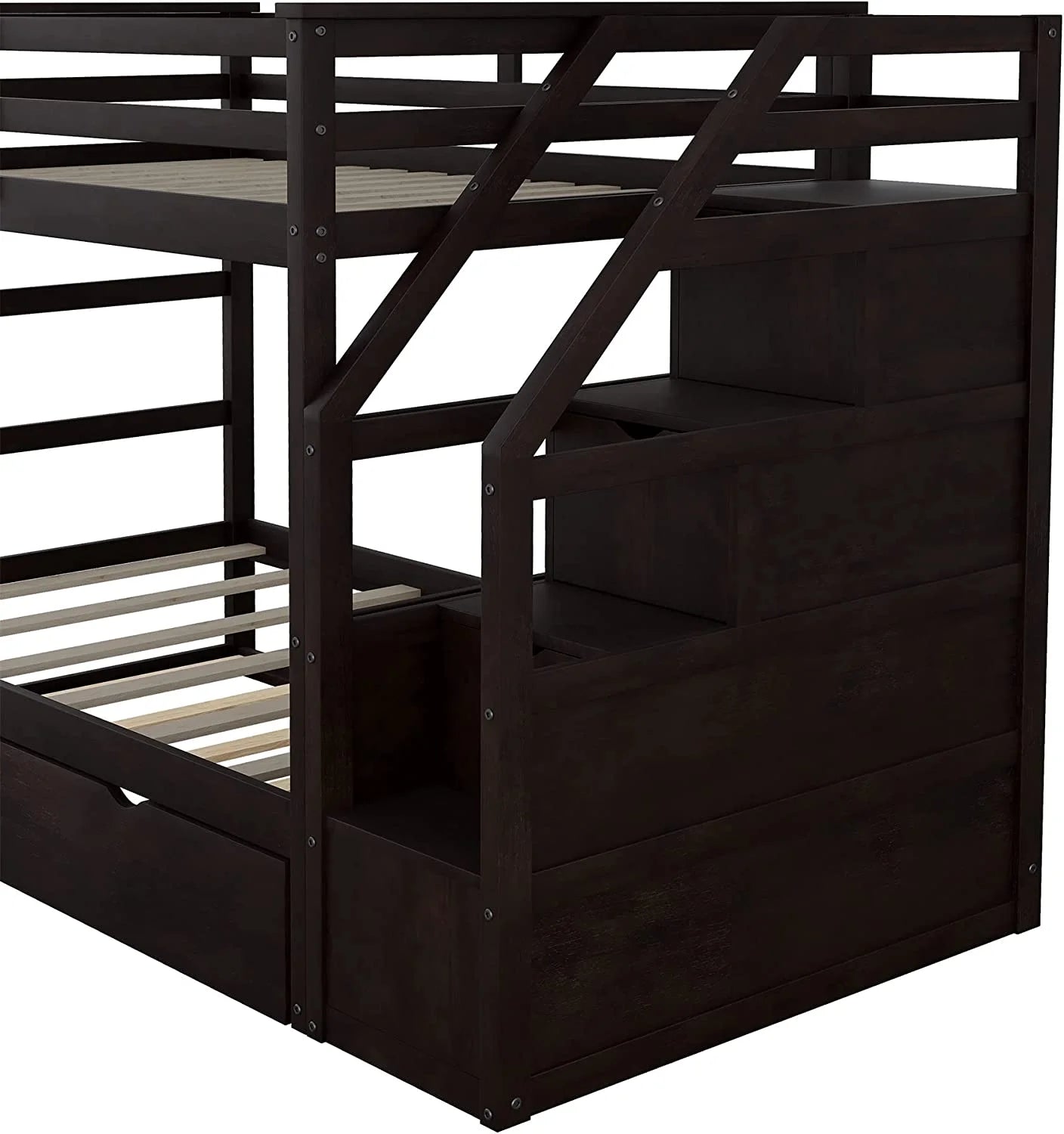 Espresso Wooden Over Bunk Bed with Trundle and 3 Storage Stairs F82653