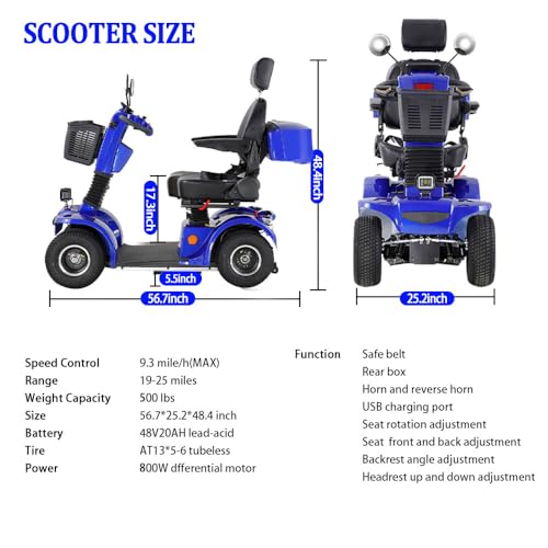 4 Wheel 500lbs Capacity Electric Powered Mobility Scooter with Adjustable Seat and Rear Basket E5213