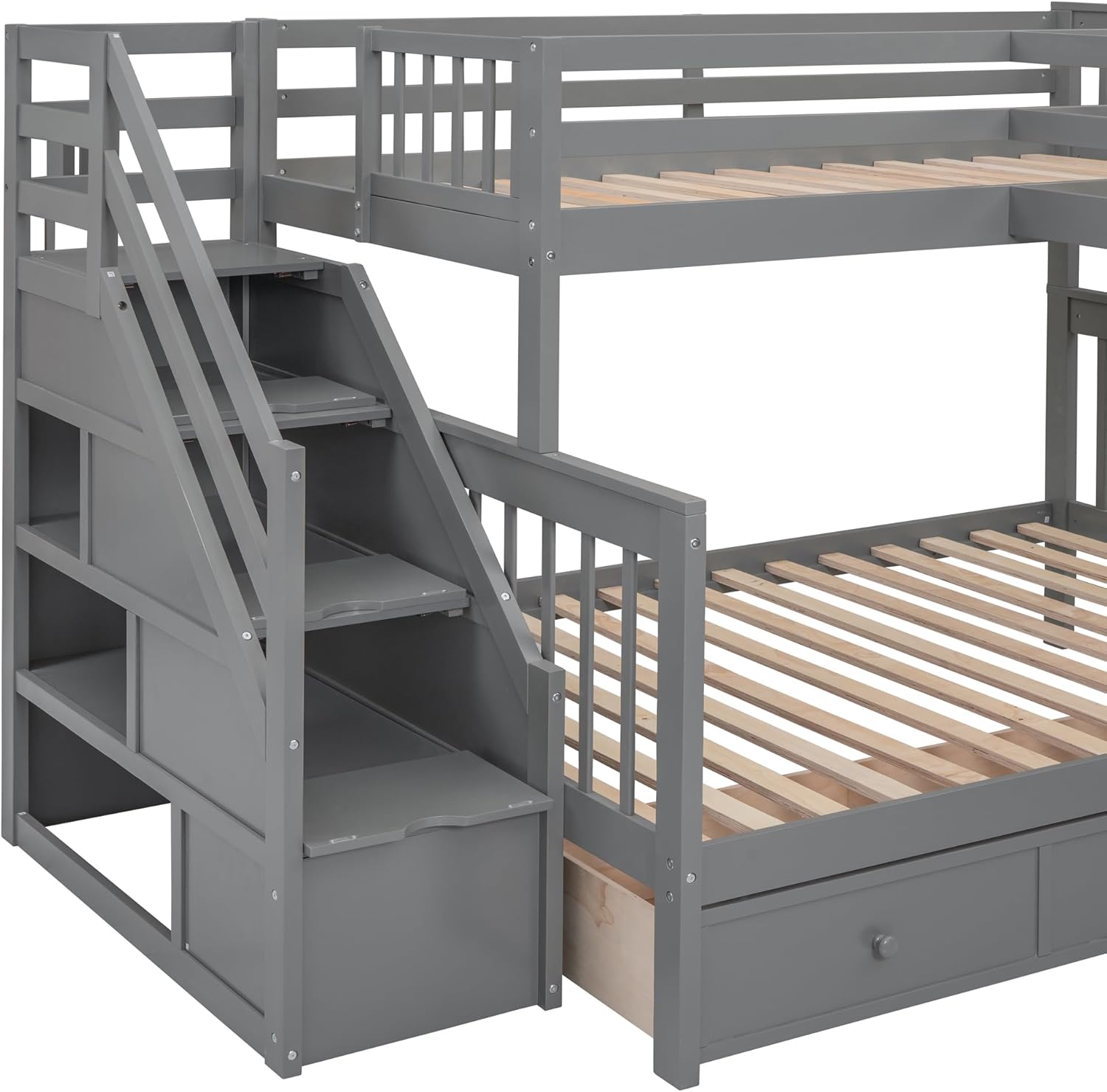 Gray Triple Bunk Bed with Stairs Storage and 3 Drawers H603942