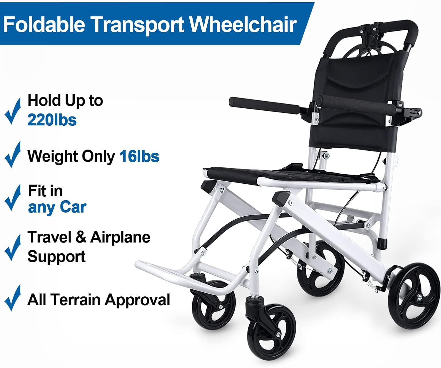 Ultra Light Folding Transport Wheelchair, 16lbs, Aluminum, Handbrakes, Support 220 Lbs Z340