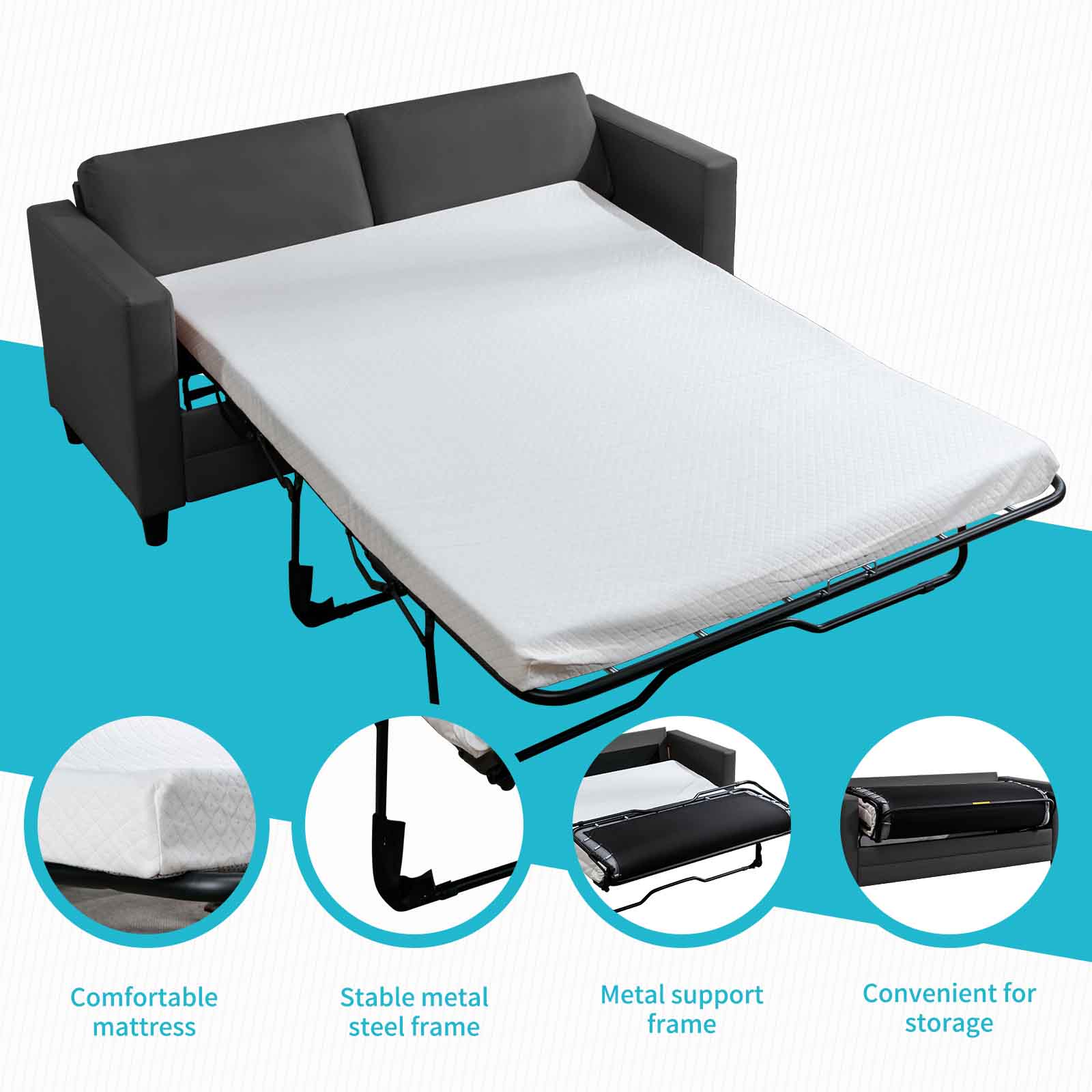 Dark Grey Full Size Pull Out Sofa Bed with Fold Out Mattress F437