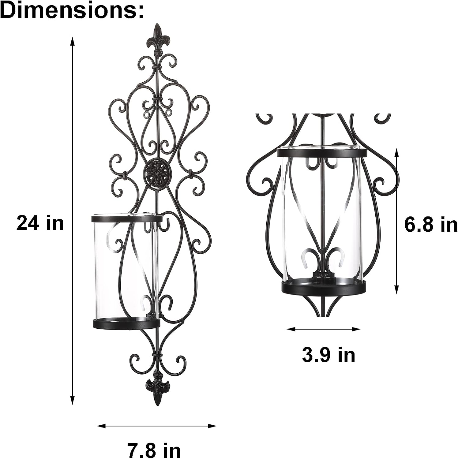 Set of 2 Antique Dark Brown Iron and Glass Wall Candle Sconces T29189