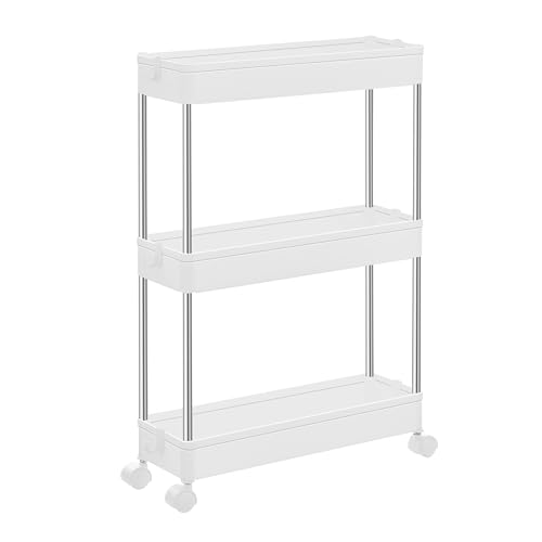 3-Tier Rolling Storage Cart with 6 Hooks, Steel Frame, Dove Gray A504