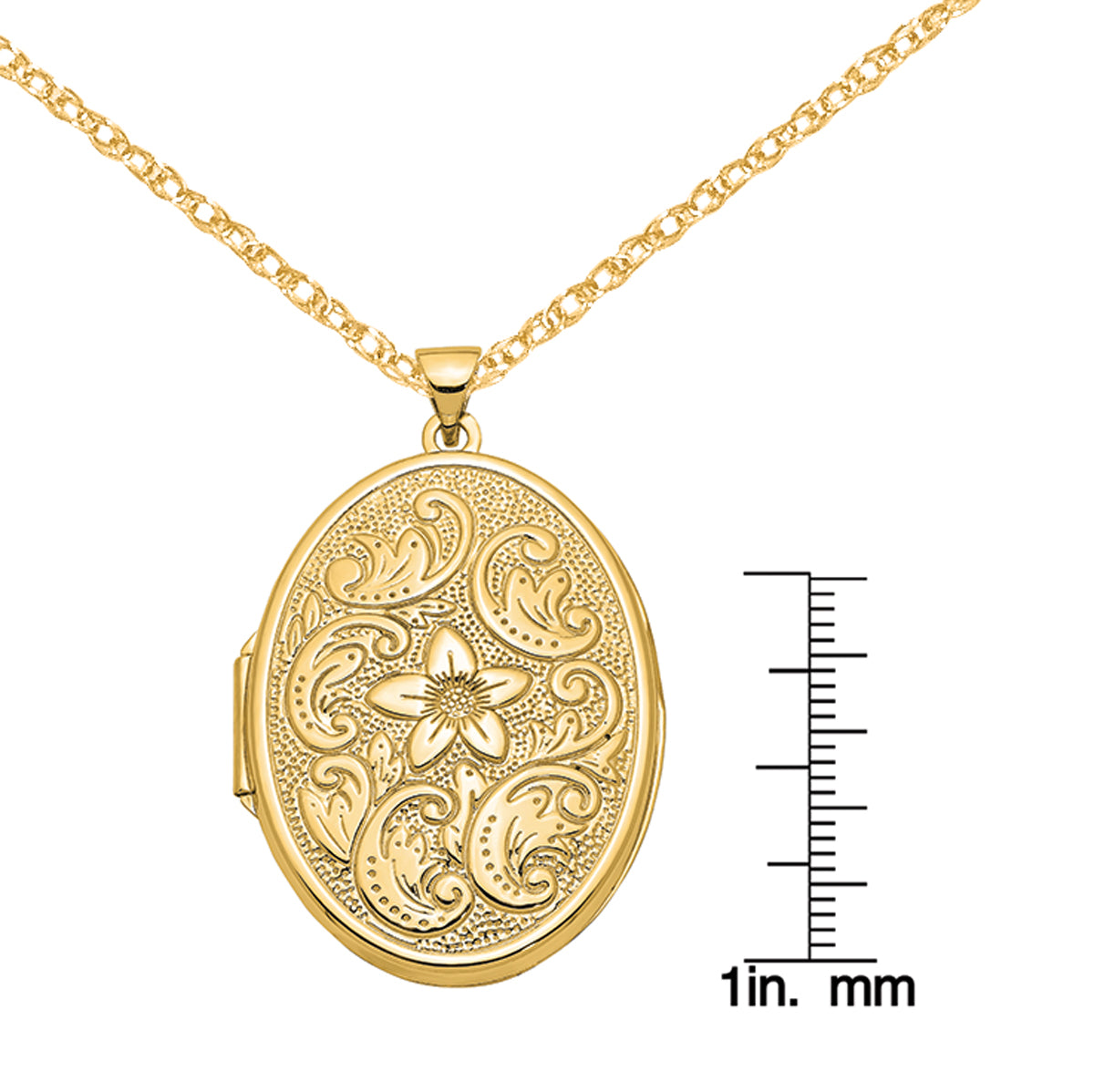 14 Karat Yellow Gold Oval Flower Locket on 18-inch Cable Rope Chain C5112