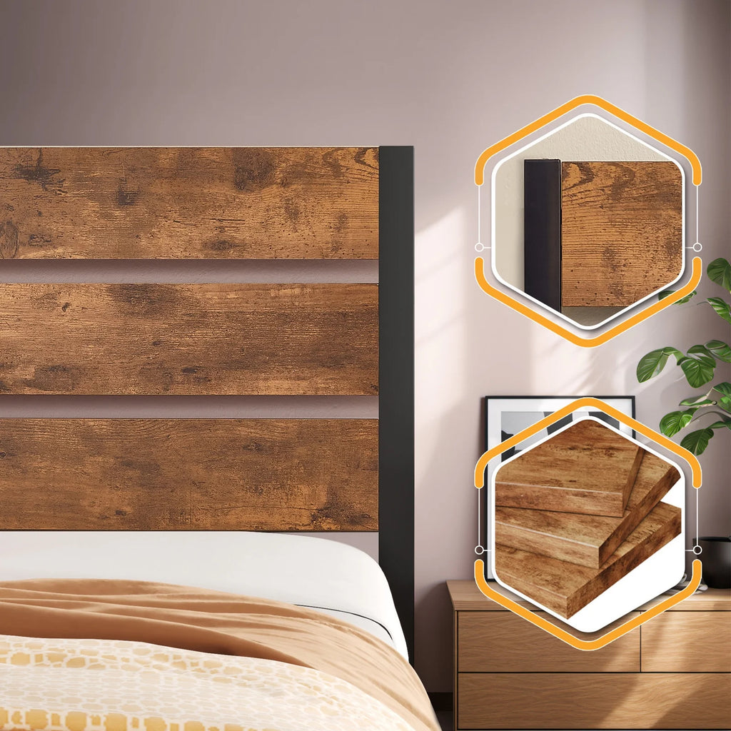 Brown Twin Bed Frame with Wooden Headboard and Metal Slats W915852