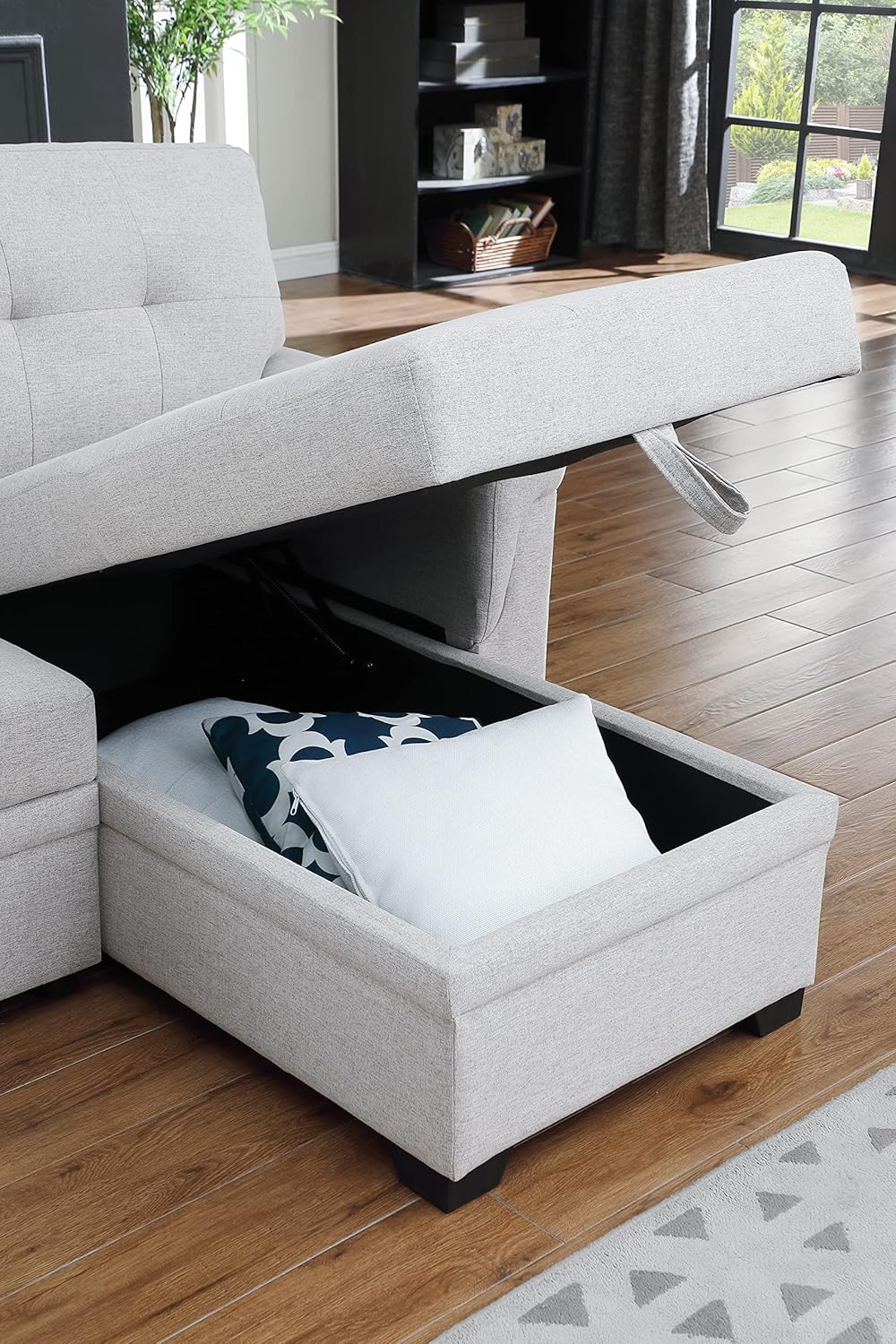 L-Shaped Linen Tufted Reversible Sleeper Sectional Sofa with Pull Out Sleep Couch Bed, Light Gray X8069