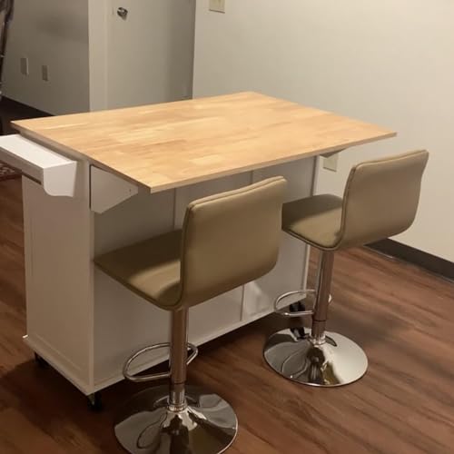White Rolling Kitchen Island with Drop Leaf and Storage Cabinet W1275