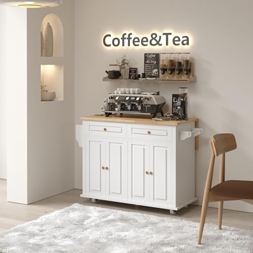 White Rolling Kitchen Island with Drop Leaf and Storage Cabinet W1275