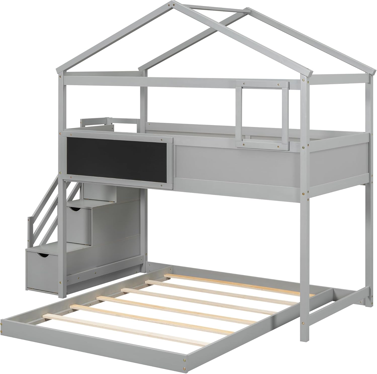 Gray Wood L-Shaped Twin Over Full Bunk Bed with Storage Stairs and Blackboard N15809
