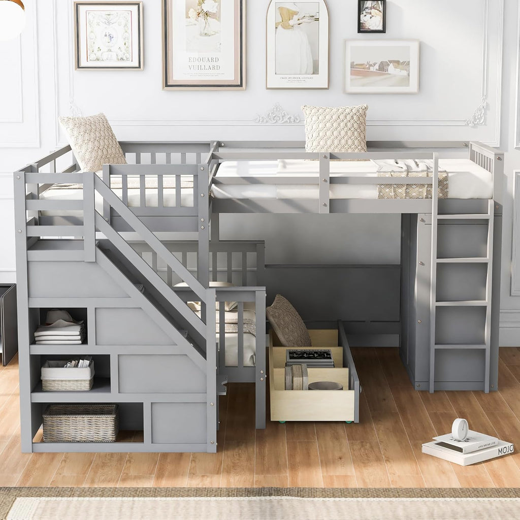 Gray Triple Bunk Bed with Stairs Storage and 3 Drawers H603942
