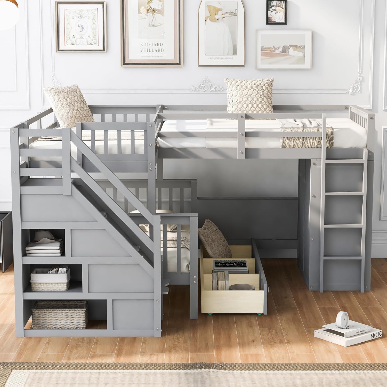 Gray Triple Bunk Bed with Stairs Storage and 3 Drawers H603942