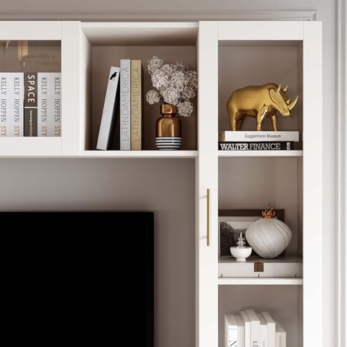 White 4-Piece Large TV Stand Wall Unit with Bookshelves Q834