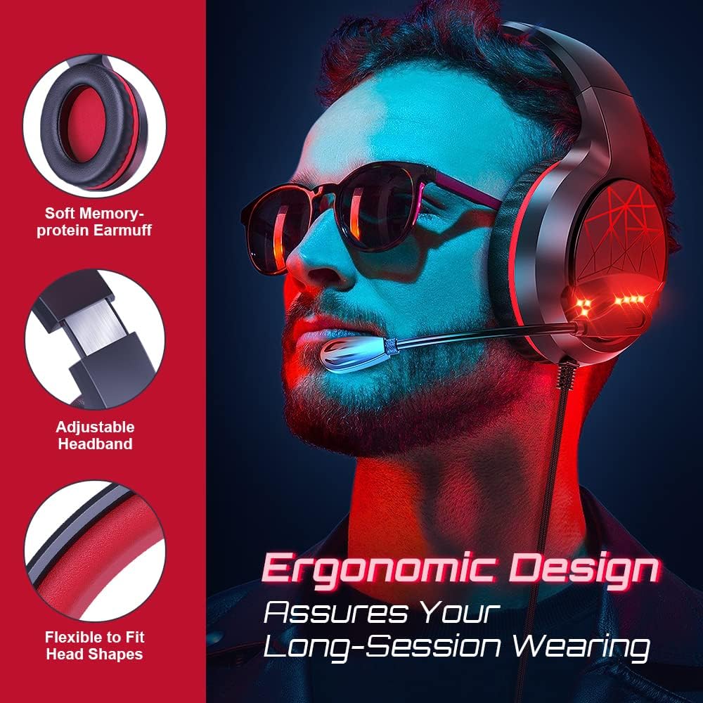 Gaming Headset Over Ear Headphones with Mic Red LED Light E4954