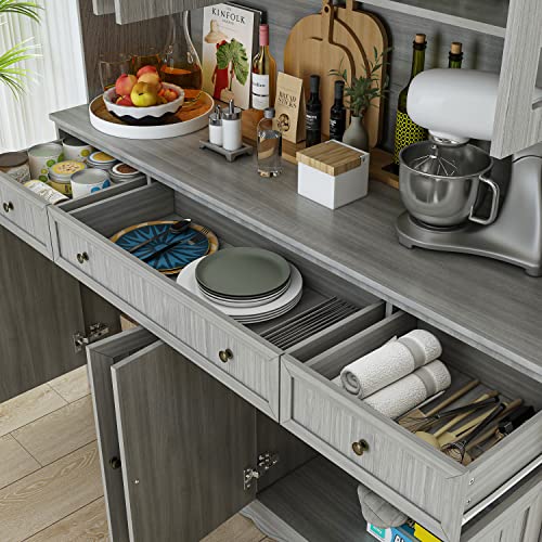 Large Wooden Grey Kitchen Hutch Cabinet with Glass Doors H8705