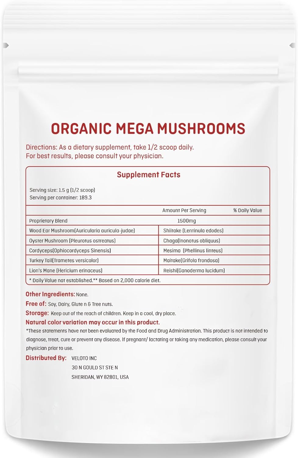 10 in 1 Organic Mushroom Extract Powder Supplement, 10oz B745812