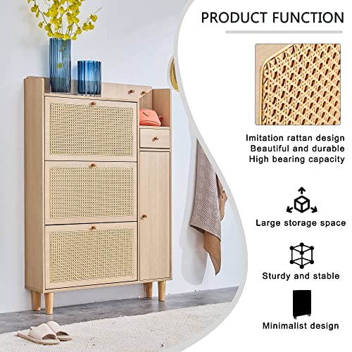 Shoe Cabinet Storage with Rattan Doors & Adjustable Shelves Y84746