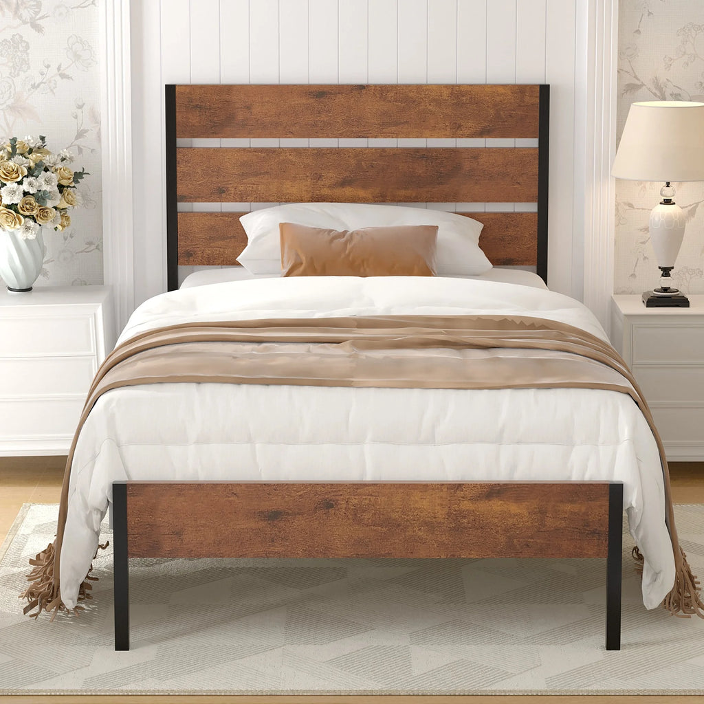 Brown Twin Bed Frame with Wooden Headboard and Metal Slats W915852