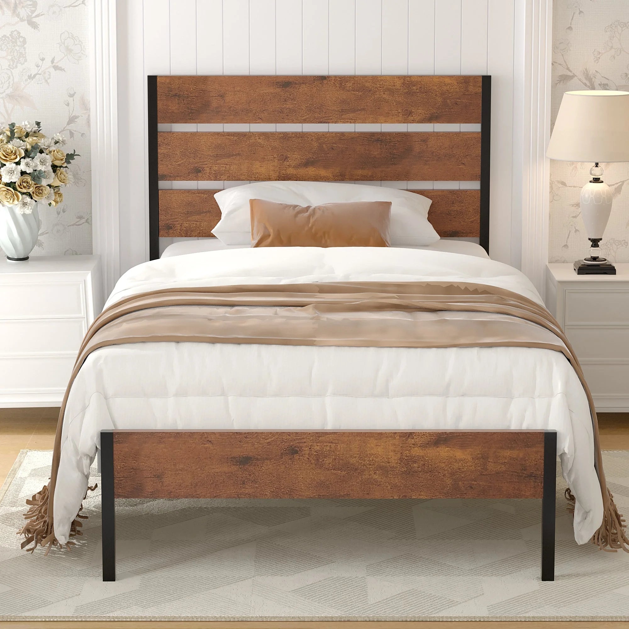 Brown Twin Bed Frame with Wooden Headboard and Metal Slats W915852
