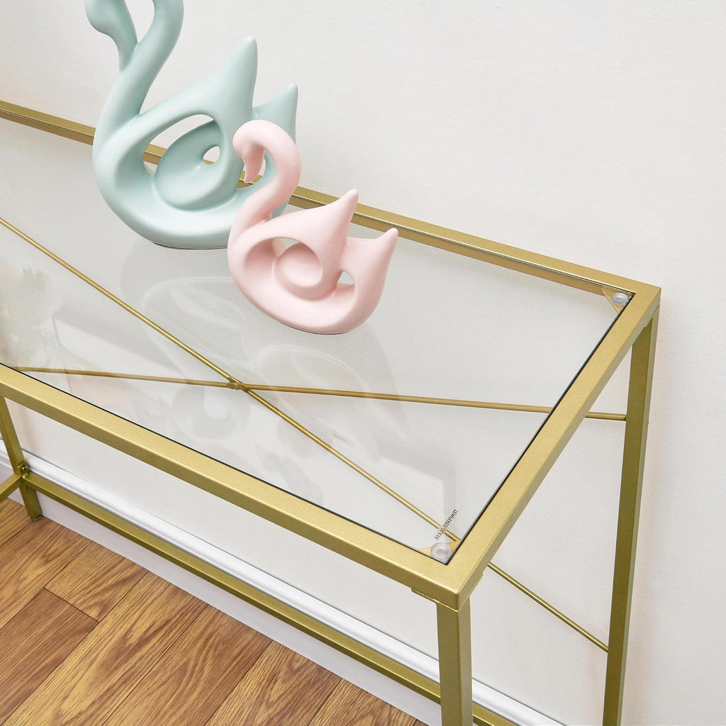 Gold 39.37" Tempered Glass Top Narrow Console Table with Metal Frame Y375194
