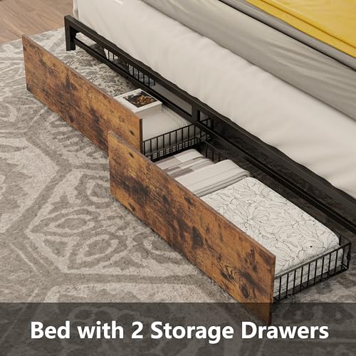 King Bed Frame with Storage Headboard, Platform Bed with Drawers and Charging Station, Vintage Brown Y3483